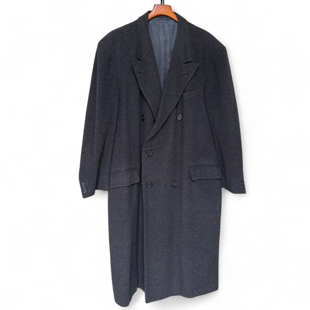 VTG Hickey Freeman Wool Double Breasted Overcoat Charcoal Grey 44R